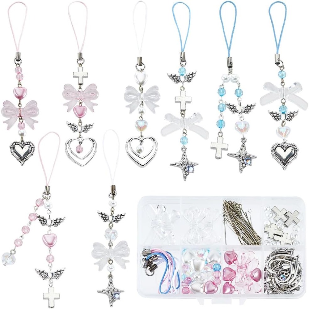 Phone Accessories Beads - 154 個 DIY 8 セット電話チャーム作成キットかわいいちょう結びボウノットウィングハートビーズ電話チャーム電話キーホルダーチャーム携帯電話キット